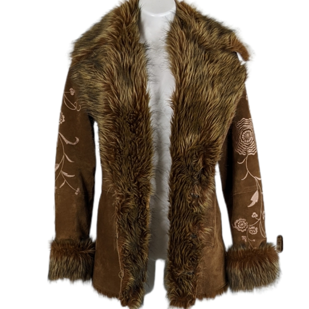 ✌️Penny Lane Brown Faux Fur Trimmed Women's Suede Leather Jacket 🎸
